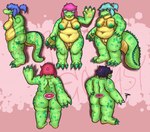 anthro areola big_areola black_hair blue_hair claws eyewear female finger_claws freckles glasses green_areola hair overweight overweight_female pawpads pink_hair ponytail red_hair round_glasses smoking solo splotchy_nipples tail teal_hair thick_tail toe_claws hititecstasy kellidile_(hititecstasy) alligator alligatorid crocodile crocodilian reptile scalie hi_res model_sheet watermark