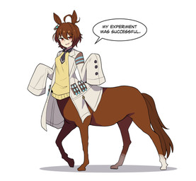 accessory animal_ears breasts brown_body brown_fur brown_hair clothed clothed_female clothed_taur clothing female fur hair laboratory_equipment laboratory_glassware light_body light_skin necktie oversized_clothing oversized_sleeves oversized_topwear quadruped scientific_instrument short_hair simple_background solo speech_bubble tail taurified test_tube text topwear white_background yellow_clothing yellow_topwear princess_hinghoi cygames european_mythology greek_mythology mythology uma_musume_pretty_derby agnes_tachyon_(pretty_derby) centaur equid equid_taur humanoid_taur mammal mammal_taur taur english_text hi_res