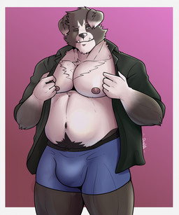 anthro areola biped blue_clothing blue_eyes blue_underwear border boxer_briefs bulge chest_tuft clothed clothing fingers front_view fur green_clothing green_jacket green_topwear grey_body grey_fur humanoid_hands jacket male musclegut muscular muscular_anthro muscular_male navel nipples one_eye_closed open_clothing open_jacket open_topwear pecs pink_background pubes sharp_teeth simple_background smile snaggle_tooth solo standing teeth text topwear tuft underwear white_body white_border white_fur darolion canid canine canis domestic_dog mammal 2023 artist_name colored hi_res portrait shaded three-quarter_portrait