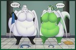 anthro belly big_belly big_breasts black_body black_fur bloated breasts claws detailed_background digitigrade duo female fur green_body green_fur hair hand_on_belly huge_belly huge_breasts huge_thighs membrane_(anatomy) membranous_wings morbidly_obese morbidly_obese_female navel obese obese_female overweight overweight_female speech_bubble stuffing tail thick_tail thick_thighs white_body white_fur white_hair wings white-dragon mythology dragon furred_dragon furred_scalie mythological_creature mythological_scalie scalie 2024 3:2 hi_res shaded signature soft_shading