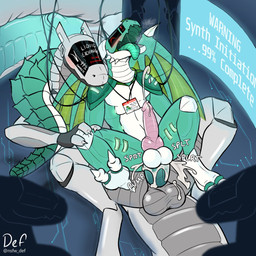 after_transformation animal_genitalia animal_penis anthro balls big_balls bite blue_tongue bodily_fluids canine_genitalia canine_penis cum cum_in_ass cum_inside cum_while_penetrated duo genital_fluids genitals green_body knot looking_pleasured machine male male/male membrane_(anatomy) membranous_wings penetration penis screen screen_face shoulder_bite tail tongue tongue_out transformation white_body wings nsfw_def android robot synth_(vader-san) 1:1 hi_res