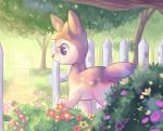 blue_eyes detailed_background female feral flower forest fur garden happy outside pink_body pink_fur plant smile solo tree astrofizz nintendo pokemon deer deerling generation_5_pokemon mammal pokemon_(species) winter_deerling