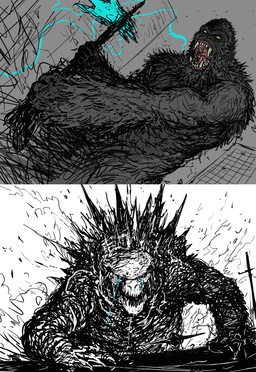 axe blue_eyes claws fangs fur holding_object holding_weapon male melee_weapon open_mouth scales sketchy spikes teeth weapon yellow_eyes spaghettibastard godzilla_(series) godzilla_vs._kong king_kong_(series) monsterverse toho godzilla godzilla_(2014) king_kong ape gorilla haplorhine kaiju mammal megaprimatus_kong monster primate reptile scalie absurd_res digital_media_(artwork) hi_res