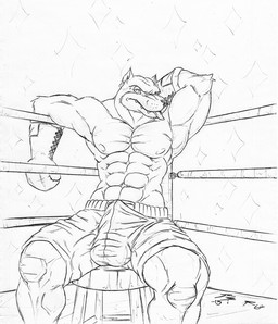 abs anthro boxing_gloves bulge clothed clothing detailed_bulge ear_piercing ear_ring erection erection_under_clothing front_view genital_outline handwear male mouth_closed muscular muscular_anthro muscular_male narrowed_eyes nipples pecs penis_outline piercing ring_piercing solo tongue tongue_out topless crazydrak canid canine mammal 2013 dated monochrome signature