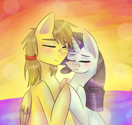 beard brown_hair cuddling duo facial_hair feathered_wings feathers female feral fur hair hooves horn male ponytail purple_hair sunset white_body white_fur wings yellow_body yellow_fur brishii friendship_is_magic hasbro my_little_pony mythology fan_character rarity_(mlp) rory_kenneigh equid equine mammal mythological_creature mythological_equine pegasus unicorn hi_res