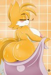 anthro bangs big_breasts big_butt big_nipples blush breasts bulge butt crossgender curvy_figure dipstick_tail eyes_closed fluffy fluffy_tail gynomorph huge_butt intersex markings mti_crossgender multi_tail musical_note musical_symbol nipples shower smile solo symbol tail tail_markings tiled_background towel wet wide_hips yellow_body nr_ac third-party_edit sega sonic_the_hedgehog_(series) miles_prower canid canine fox mammal hi_res