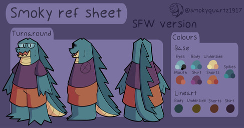 anthro bottomwear clothed clothing looking_at_viewer male open_mouth simple_background smile solo standing tail text topwear smokyquartz1917 smoky_(smokyquartz1917) alligator alligatorid crocodilian reptile scalie artist_name digital_drawing_(artwork) digital_media_(artwork) english_text hi_res model_sheet