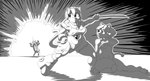 anthro armor battle_damage breasts clothing duo explosion feet female fur hair melee_weapon nude simple_background sword tongue tongue_out torn_clothing weapon strobe-totem_(artist) samurai_pizza_cats francine_manx polly_esther domestic_cat felid feline felis mammal monster black_and_white digital_media_(artwork) hi_res monochrome