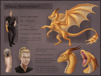 anthro blonde_hair bodily_fluids claws dagger feral gold_scales hair horn long_hair male melee_weapon membrane_(anatomy) membranous_wings mouth_shot open_mouth rapier saliva solo sword tail tattoo teeth text weapon wings yellow_eyes himeragoldtail european_mythology mythology kerrovitarr dragon gold_dragon human mammal mythological_creature mythological_scalie scalie western_dragon hi_res model_sheet