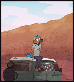 anthro blue_facial_hair blue_goatee blue_hair blue_kerchief blue_neckerchief bottomwear clothed clothed_male clothing day desert facial_hair gas_canister goatee green_vehicle grey_clothing grey_shirt grey_topwear hair hand_in_pocket kerchief male male_anthro medium_truck neckerchief neckwear outside pants pockets shirt sitting_on_vehicle sky solo text tire topwear truck van vehicle frencore psil hyena mammal 2024 absurd_res artist_name hi_res