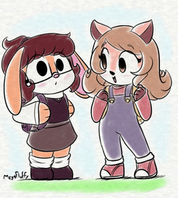 anthro backpack black_nose bottomwear brown_eyes brown_hair brown_inner_ear clothing duo eyewear female fur glasses hair overalls pink_inner_ear pink_nose simple_background simple_eyes skirt tan_body tan_fur white_body white_fur young young_anthro megafluffydrawings ashley_(megafluffydrawings) sophie_(megafluffydrawings) deer lagomorph leporid mammal rabbit hi_res