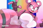 anthro big_breasts breasts clothing derp_eyes featureless_breasts featureless_crotch female fingerless_gloves fur gloves handwear huge_hips huge_thighs lying on_side pink_body pink_eyes pink_fur solo thick_thighs wide_hips snappygrey epic_games fortnite cuddle_team_leader bear mammal 2024 hi_res