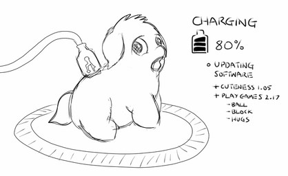 ambiguous_feral ambiguous_gender battery charging electricity feral looking_at_viewer machine neonate open_mouth side_view sitting solo tail text wire young young_ambiguous young_feral carpdime fluffy_pony fluffy_pony_(species) mammal robot black_and_white digital_media_(artwork) english_text monochrome