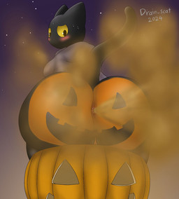 anthro anus big_butt big_ears black_body black_fur blush bodypaint breasts butt butt_focus clothed clothing costume curvy_figure fart fart_cloud fart_fetish female food frown fruit fur genitals glistening glistening_body halloween_costume holidays huge_butt jack-o'-lantern looking_back night outside painted_butt plant pumpkin pumpkin_butt sitting sitting_on_pumpkin solo star tail thick_thighs vulva yellow_eyes drain_scat google google_doodle halloween magic_cat_academy momo_(google) domestic_cat felid feline felis mammal 2024 hi_res