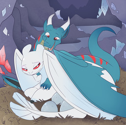 2_horns back_wings cave claws corruption duo egg female feral grey_body horn inside looking_at_another looking_back looking_back_at_another lying_on_ground male markings membrane_(anatomy) membranous_wings mind_control on_ground open_mouth open_smile quadruped red_eyes red_markings smile teeth white_body wings fuf dreamworks european_mythology how_to_train_your_dragon mythology dragoviir nubless dragon fury_(httyd) light_fury mythological_creature mythological_scalie scalie western_dragon 2019 hi_res