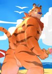 anthro anus balls butt dessert food fur genitals holding_food holding_ice_cream holding_ice_cream_cone holding_object ice_cream ice_cream_cone looking_at_viewer looking_back male mascot nude rear_view sand sea sky solo striped_body striped_fur stripes summer tail water yuuko891 frosted_flakes kellogg's tony_the_tiger felid mammal pantherine tiger 2023 hi_res