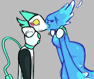 anthro blush disembodied_hand duo female female/female grabbing_shoulders kissing looking_away side_view tail water freaky_frohicky deltarune undertale_(series) miss_mizzle tasque_manager darkner elemental_creature felid feline humanoid mammal mizzle_(deltarune) water_creature