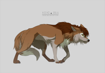 ambiguous_gender bangs black_claws black_nose brown_body brown_eyebrows brown_eyes brown_fur brown_hair brown_markings cheek_tuft claws eyebrows facial_tuft feral feral_with_hair fur hair long_snout markings nude simple_background snout solo tail tan_body tan_fur text tuft walking whiskers azzai canid canine canis mammal wolf 2016 colored digital_drawing_(artwork) digital_media_(artwork) shaded url