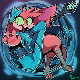 3_toes 4_fingers anthro black_eyes blue_clothing blue_hat blue_headwear blue_robe breasts claws clothing feet female fingers foot_wraps forked_tongue green_sclera hair hat headgear headwear pink_body pink_claws pink_scales pupils purple_inner_ear red_body red_hair red_scales robe scales scepter slit_pupils small_breasts solo thick_thighs toe_claws toes tongue tongue_out white_claws wraps miso_souperstar rishi_(miso_souperstar) garlese gremlin 1:1 2026 absurd_res hi_res