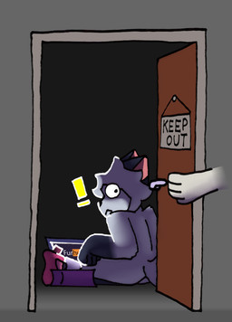 anthro caught_in_the_act caught_masturbating computer dark_room door electronics exclamation_point keep_out laptop lube_bottle male masturbation open_door simple_background solo tissue_box connorsconnor conley hybrid colored digital_media_(artwork) shaded