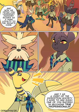 ambiguous_gender anthro anthrofied black_body black_fur blue_body blue_fur brown_body brown_fur claws dialogue female fur green_body group harmony_scarf male purple_body purple_fur red_eyes smile text yellow_body yellow_fur odeko-yma nintendo pokemon pokemon_mystery_dungeon spike_chunsoft lucky_(odeko-yma) nova_(odeko-yma) ampharos eeveelution generation_2_pokemon generation_3_pokemon generation_4_pokemon generation_5_pokemon grovyle herdier luxray mienshao pokemon_(species) umbreon zoroark 2025 absurd_res comic english_text hi_res