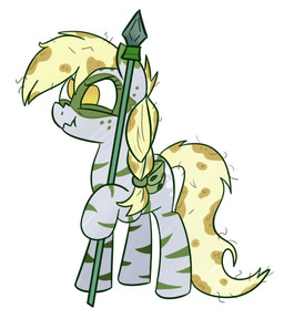 bent_leg blonde_mane braided_mane cutie_mark derp_eyes dirty dirty_mane dirty_tail eyelashes feathered_wings feathers female female_feral feral fur furrowed_eyebrows green_eyelids green_hair_tie green_wings grey_body grey_fur holding_melee_weapon holding_object holding_polearm holding_spear holding_weapon hooves lidded_eyes long_mane long_tail mane melee_weapon mouth_closed multicolored_body no_pupils polearm quadruped simple_background solo spear standing tail unguligrade weapon white_background wings yellow_tail cookieboy011 friendship_is_magic hasbro my_little_pony mythology derpy_hooves_(mlp) equid equine mammal mythological_creature mythological_equine pegasus 2021 digital_drawing_(artwork) digital_media_(artwork) flat_colors