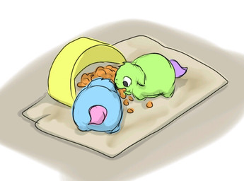 ambiguous_feral ambiguous_gender black_eyes blue_body blue_fur duo eating feral fur green_body green_fur kibble monotone_body monotone_fur neonate pet_food pink_tail purple_tail simple_background standing tail young young_ambiguous young_feral carpdime fluffy_pony fluffy_pony_(species) mammal digital_media_(artwork) shaded