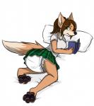 anthro bed book bottomwear brown_body brown_fur brown_hair clean_diaper clothed clothing diaper female fur furniture green_eyes hair looking_at_viewer pawpads pillow simple_background skirt solo wearing_diaper white_background white_diaper nuknuk jenny_(powhatan) canid canine fox mammal hi_res