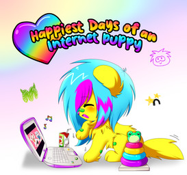 apple_juice band-aid band-aid_on_face band-aid_on_nose bandage bandage_on_face bandage_on_nose beverage blue_hair blush computer dancing electronics female feral fluffy fluffy_tail fur hair juice_(beverage) juice_box laptop long_hair motion_lines neck_tuft scribbles sparklefur stickers_on_object tail text toy tuft yellow_body yellow_fur kittywuvspizza 4lung caramelldansen club_penguin moshi_monsters neopets four_lung canid canine canis domestic_dog mammal puffle hi_res meme