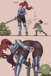 accessory armor attack axe bent_over blue_eyes blush bodily_fluids butt clitoris corpse death ear_piercing ear_ring female female_human genital_fluids genitals green_body green_skin hair hair_accessory hairband humanoid_genitalia humanoid_penis humanoid_pointy_ears inviting_to_sex larger_female larger_human level_difference long_hair looking_back male male/female male_humanoid melee_weapon not_furry penis piercing pointy_ears presenting presenting_hindquarters presenting_pussy pussy ring_piercing size_difference smaller_humanoid smaller_male spread_pussy spreading standing sweat sword vaginal_fluids weapon hippo_power goblin human humanoid mammal censored comic hi_res mosaic_censorship