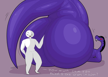 anthro apode big_butt blush butt butt_shot dialogue duo faceless_character faceless_male fangs huge_butt hyper hyper_butt large_male larger_sub legless low-angle_view lying male on_back purple_body serpentine size_difference submissive teeth text thick_thighs bellyboi13 lego ninjago pythor_(ninjago) anacondrai draconcopode naga reptile scalie serpentine_(ninjago) snake english_text hi_res