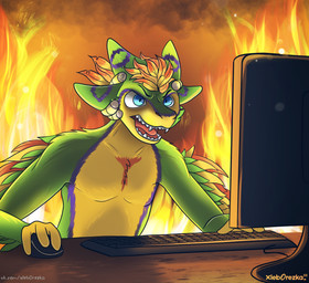 angry anthro blue_eyes computer computer_keyboard computer_mouse electronics fire fur gaming green_body green_fur haircut keyboard male monitor playing_video_game purple_body purple_fur solo wings yellow_body yellow_fur xleb0rezka dota valve valve_corporation avali half-length_portrait hi_res portrait
