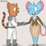 1:1 2023 anthro biped blue_body blue_eyes blue_fur blue_hair bottomwear buckteeth clothed clothed_anthro clothed_female clothing colored digital_drawing_(artwork) digital_media_(artwork) domestic_cat duo felid feline felis female female_anthro freckles fur green_eyes hair hi_res hiroberserk male mammal markings mia_mouse mouse murid murine orange_body orange_fur pencil_skirt ring_(marking) ringed_tail rodent skirt striped_markings striped_tail stripes tail tail_markings teeth topwear whiskers