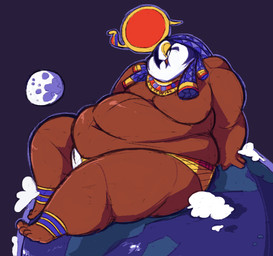 anthro beak brown_body brown_skin chubby_cheeks clothing earth earth_(planet) fat_arms fat_legs for_a_head headgear headwear island jewelry landscape_dwarfing love_handles male moobs moon morbidly_obese morbidly_obese_anthro morbidly_obese_humanoid navel obese obese_anthro obese_humanoid overweight overweight_anthro overweight_humanoid planet planet_dwarfing sea sitting smile solo space water white_feather wide_hips boot_(artist) egyptian_mythology middle_eastern_mythology mythology ra animal_head animal_humanoid avian bird deity falcon falconid humanoid 2017