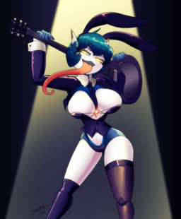 areola big_breasts big_butt blue_hair breasts butt cleavage clothed clothing electric_guitar fake_ears fake_rabbit_ears female glowing glowing_eyes guitar hair long_tongue looking_at_viewer machine midriff musical_instrument navel open_mouth plucked_string_instrument smile solo spotlight standing string_instrument text thick_thighs tongue white_body yellow_eyes zedrin humanoid robot robot_humanoid character_request hi_res signature