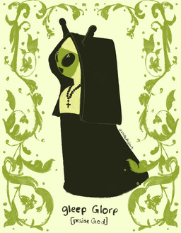 antennae_(anatomy) beads black_clothing black_eyes clothed clothing female glistening glistening_eyes green_body green_skin noseless nun nun_habit nun_outfit open_mouth open_smile prayer_beads religion religious_clothing rosary smile text white_clothing pulledbjjork christianity sister_gleep_glorp alien roswell_grey absurd_res artist_name english_text hi_res watermark
