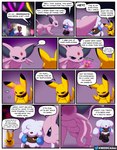 all_fours ambiguous_gender angry anthro balls balls_outline blue_body brown_body bulge clothing collar comic detailed_bulge dialogue eeveelution ellipsis english_text espeon exclamation_point feral feraligatr flaccid floating generation_1_pokemon generation_2_pokemon generation_4_pokemon generation_5_pokemon genital_outline genitals gesture gloves group hand_gesture handwear hi_res jedi_mind_trick latex latex_clothing latex_gloves latex_handware latex_handwear leggings legwear lopunny male male/male mind_control modca nidoking nintendo nude onomatopoeia open_mouth pawpads penis penis_outline pikachu pointing pokemon pokemon_(species) psychic purple_body question_mark small_but_hung sound_effects speech_bubble text thong typhlosion underwear whimsicott yellow_body