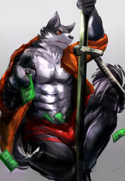 abs anthro biceps clothed clothing fur male money muscular muscular_anthro muscular_male pecs pole simple_background solo stripper tipping underwear fd-caro canid canine canis mammal wolf 2015 absurd_res digital_media_(artwork) hi_res