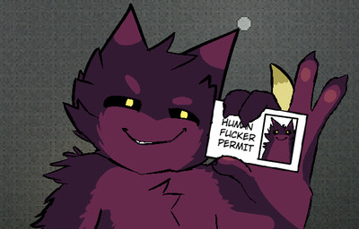 5_fingers ambiguous_gender anthro black_sclera card claws fingers fur grey_background holding_object humanoid_hands id_card narrowed_eyes pink_body pink_fur profanity purple_body purple_fur simple_background smile smiling_at_viewer solo text yellow_eyes 4chan_anon anonymous_artist casualties:_unknown gunsaw monster_fucker_permit domestic_cat felid feline felis gunsawian hybrid mammal voyager_(gunsawian) 2026 digital_drawing_(artwork) digital_media_(artwork) english_text reaction_image