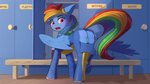 blue_body blue_feathers butt_flap clothed clothed_feral clothing feathered_wings feathers female feral locker locker_room looking_at_viewer looking_back open_flap open_mouth shadow solo text wardrobe_malfunction wings discordthege friendship_is_magic hasbro my_little_pony mythology rainbow_dash_(mlp) equid equine mammal mythological_creature mythological_equine pegasus 16:9 2020 digital_media_(artwork) hi_res widescreen