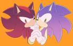 anthro black_body black_fur blue_body blue_fur clothing duo fur gloves green_eyes hand_holding handwear male male/male orange_background red_body red_eyes red_fur simple_background sikai sega sonic_the_hedgehog_(series) shadow_the_hedgehog sonic_the_hedgehog eulipotyphlan hedgehog mammal