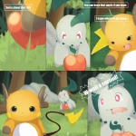 1:1 2010 apple chikorita colored comic conditional_dnp day detailed_background dialogue duo english_text female food fruit generation_1_pokemon generation_2_pokemon insomniacovrlrd male mammal nintendo outside plant pokemon pokemon_(species) raichu red_eyes rodent tail text tongue