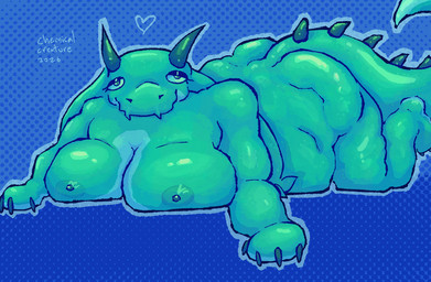 anthro bedroom_eyes belly belly_rolls big_belly big_breasts blue_background breasts countershading eyelashes fat_rolls female front_view heart_symbol horn huge_breasts looking_pleasured lying narrowed_eyes nipples nude obese on_front overweight seductive simple_background smile solo tail tail_ridge teal_body text three-quarter_view chemicalcreature mythology orb_(chemicalcreature) dragon mythological_creature mythological_scalie scalie wingless_dragon 2026 artist_name colored digital_media_(artwork) shaded signature soft_shading watermark trans_(lore) trans_woman_(lore)