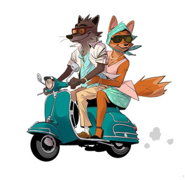 anthro canon_couple clothing driving duo eyewear female footwear high_heels male moped shoes sunglasses vehicle pierreperifel dreamworks the_bad_guys diane_foxington mr._wolf_(the_bad_guys) canid canine canis fox mammal wolf