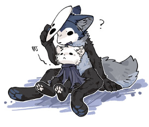 ambiguous_gender anthro black_body black_eyes black_fur black_nose clothing duo empty_eyes fingers fluffy fluffy_tail fur inner_ear_fluff larger_ambiguous looking_at_another mask mouth_closed open_mouth pawpads paws question_mark sitting size_difference smaller_ambiguous tail tuft white_body white_fur aaasakawa hollow_knight_(franchise) team_cherry quirrel_(hollow_knight) the_knight_(hollow_knight) canid canine mammal 2026 hi_res male_(lore)