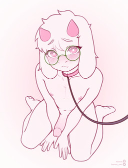anthro collar femboy first_person_view fur genitals high-angle_view horn humanoid_genitalia humanoid_penis leash leashing_pov looking_at_viewer male male_anthro nipples penis pink_eyes pink_horn pink_nipples solo white_body white_fur tserera deltarune undertale_(series) ralsei hi_res