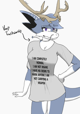 anthro antlers barbel_(anatomy) blue_body blue_fur breasts cleavage clothed clothing eyebrow_piercing facial_piercing female flesh_whiskers fur horn loose_shirt piercing purple_eyes shirt simple_background solo text text_on_clothing text_on_topwear topwear white_background white_body white_fur kremmy mythology deer dragon eastern_dragon hybrid mammal mythological_creature mythological_scalie new_world_deer reindeer scalie absurd_res hi_res