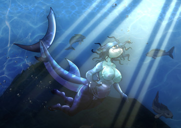 anthro big_breasts blue_body blue_hair breasts clothing female genitals hair looking_up nipples non-mammal_breasts non-mammal_nipples nude overweight overweight_anthro overweight_female smile solo swimming thick_thighs underwear vulva wide_hips transfurom anna_magenta ambient_fish ambient_sealife aquatic fish shark 2024 digital_media_(artwork) hi_res