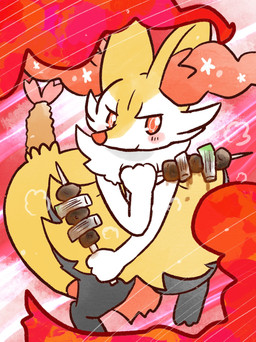 ambiguous_anthro ambiguous_gender anthro big_tail biped blush blush_stickers closed_smile digitigrade dipstick_tail food front_view holding_food holding_object looking_at_viewer markings meat mouth_closed shrimp_(food) smile snout solo standing steam tail tail_markings yakitori annyui0611 nintendo pokemon braixen canid generation_6_pokemon mammal pokemon_(species) 2023 digital_drawing_(artwork) digital_media_(artwork) full-length_portrait hi_res japanese_description portrait translated_description