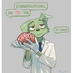anthro brain clothed clothing eyebrows fingers floppy_ears fur gloves green_body green_fur handwear male organs solo text kun_blackcat canid canine canis domestic_dog mammal english_text hi_res